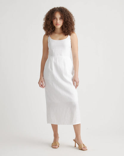100% European Linen Scoop Neck Midi Dress - XS / Ivory Porcelain Blue Petite Floral