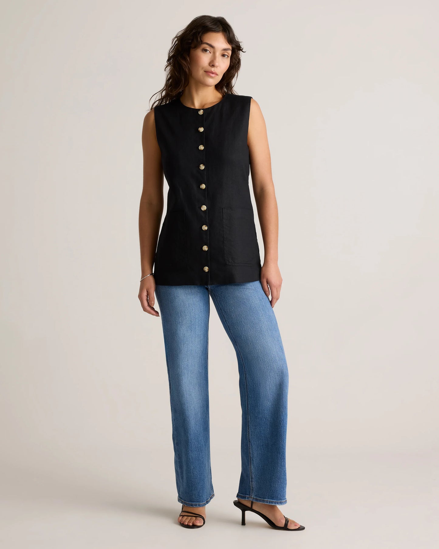 100% European Linen Longline Vest - XS / Taupe Brown Chambray