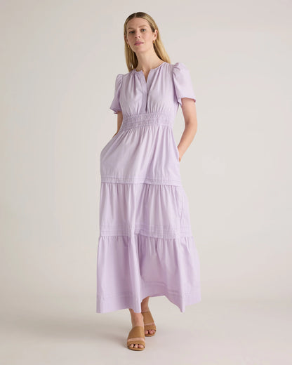 100% Organic Cotton Poplin Tiered Maxi Dress - XS / Riviera Blue Heirloom Floral