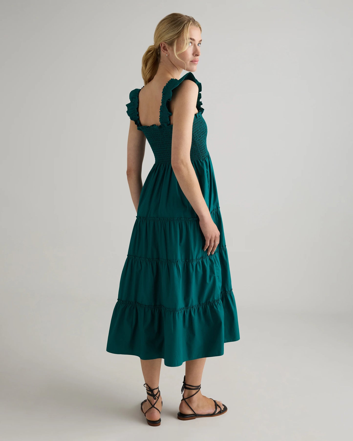 100% Organic Cotton Poplin Smocked Midi Dress - XS / Riviera Blue Heirloom Floral