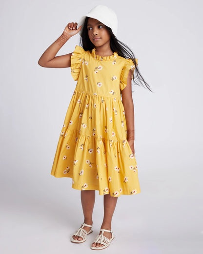 100% Cotton Poplin Ruffle Sleeve Dress - 6 / Golden Daisy
