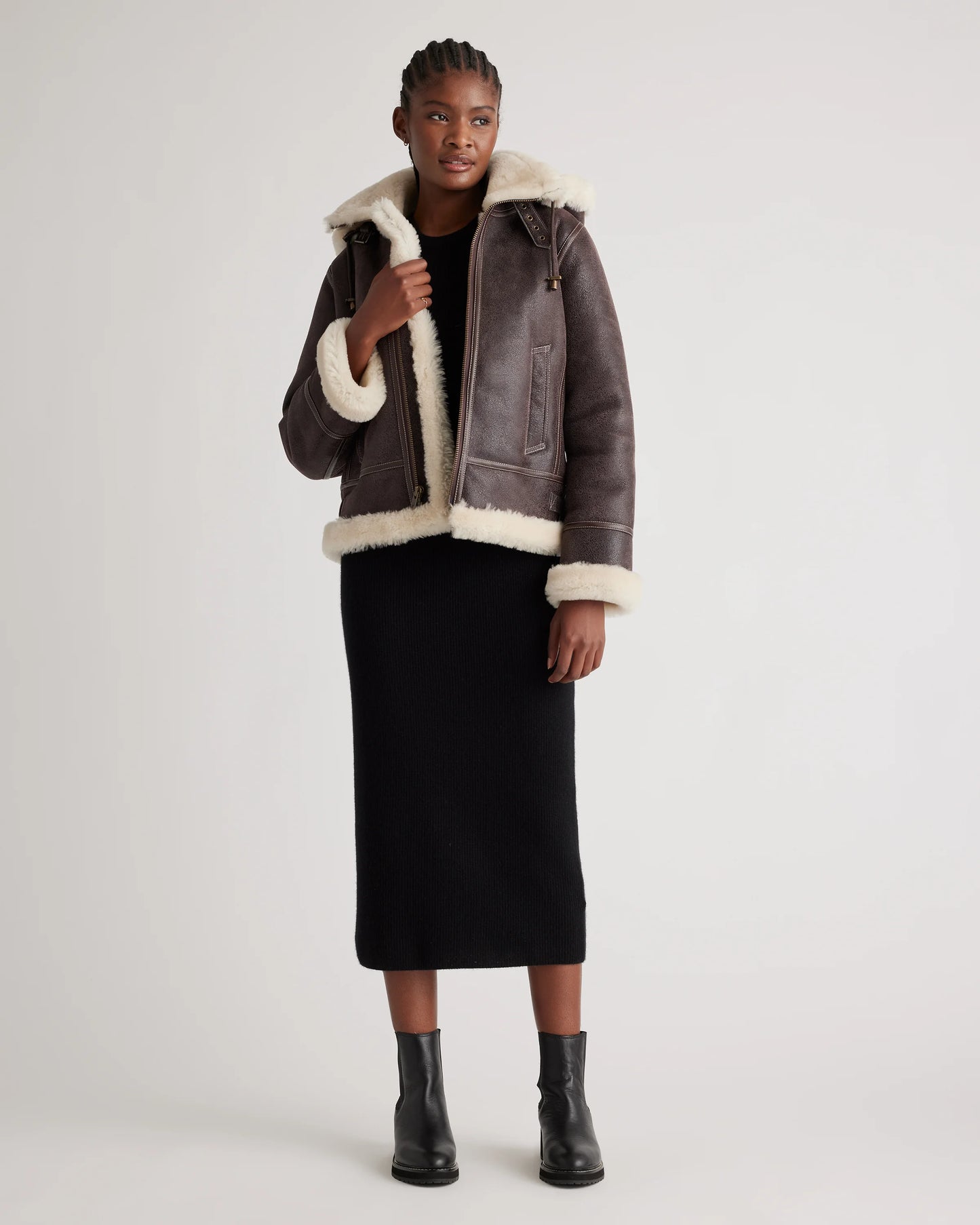 100% Shearling Cold Weather Bomber Jacket - XS / Black
