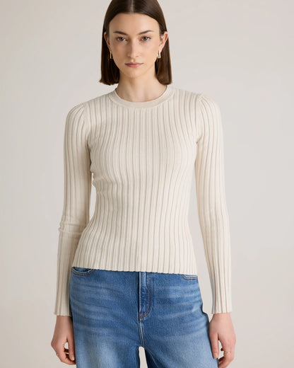 Cotton Cashmere Ribbed Long Sleeve Sweater - XS / Sugar Stone
