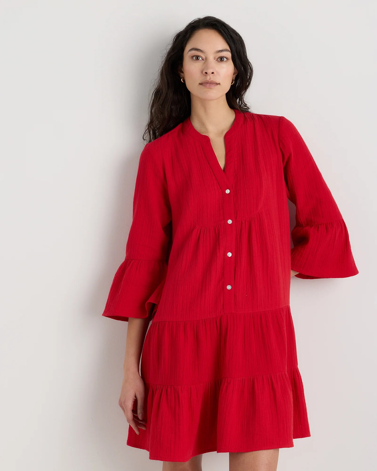 100% Organic Cotton Gauze Long Sleeve Tiered Mini Dress - XS / Amaranth Pink