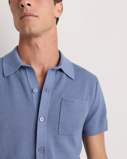 100% Organic Cotton Mesh-Stitch Button-Up Sweater Polo - XS / Speckled Beige