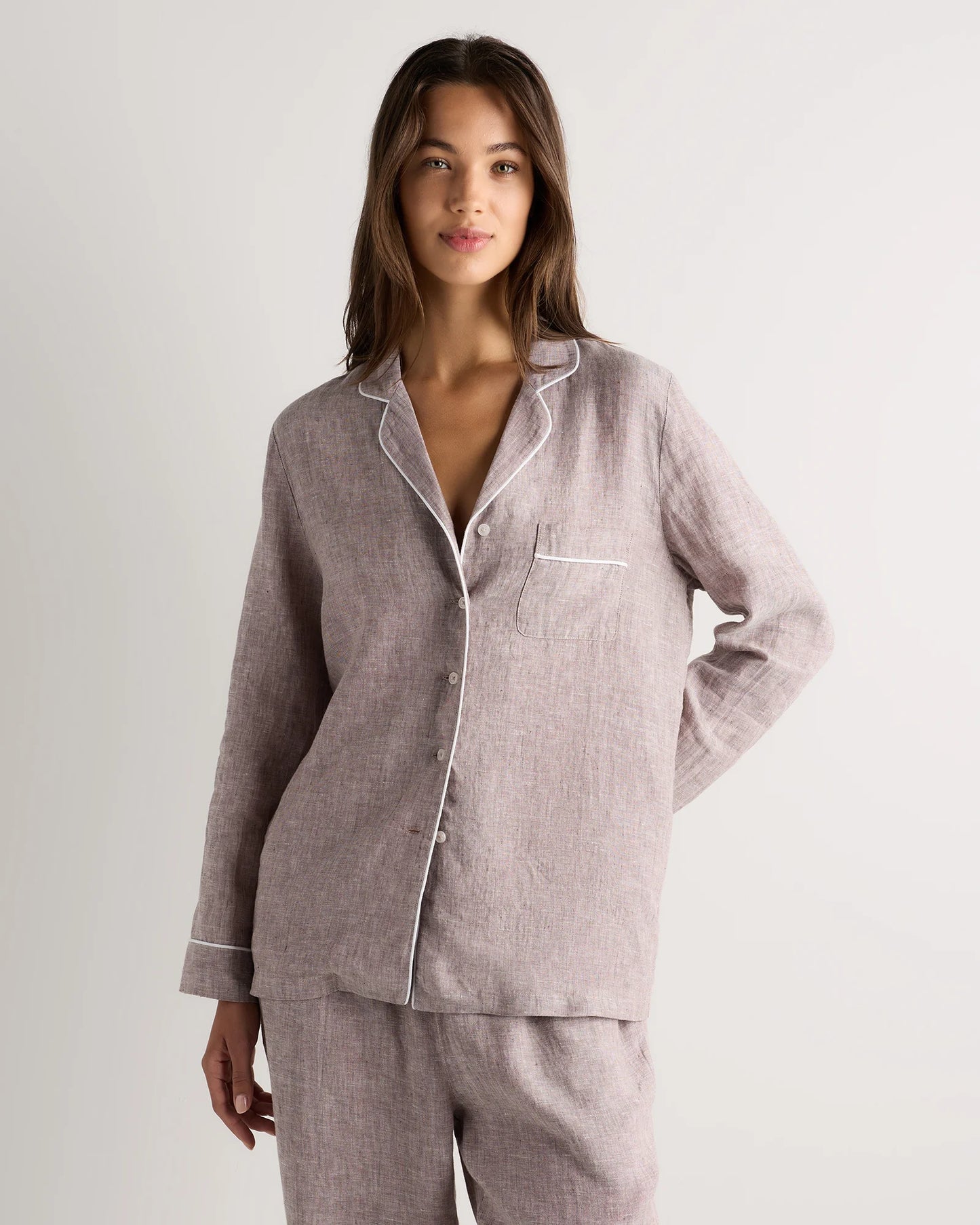 100% European Linen Long Sleeve Pajama Set with Piping - XS / Taupe Brown Gingham
