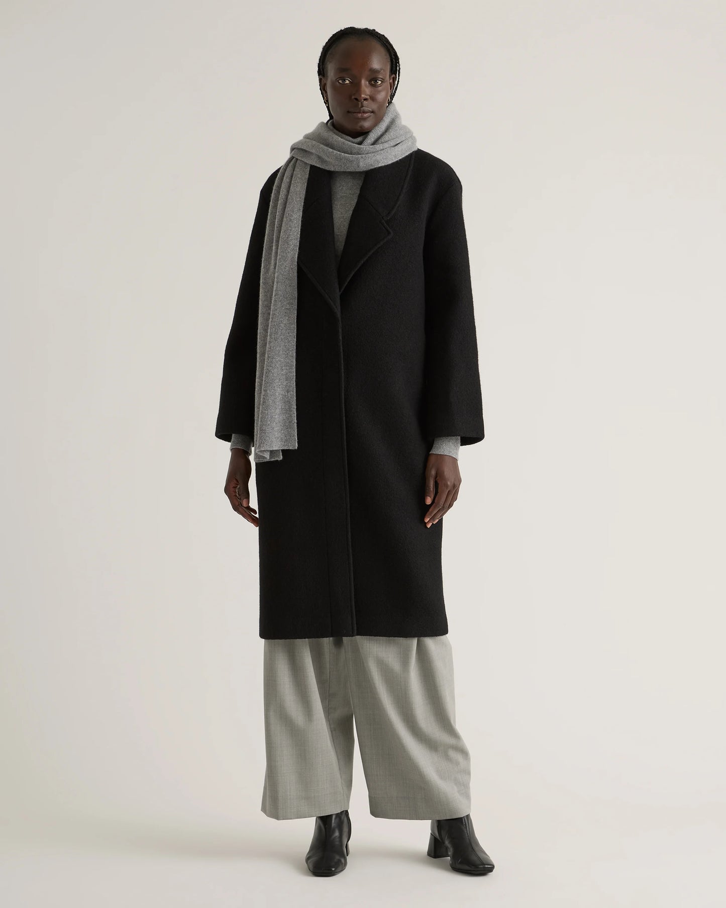 100% Merino Wool Shawl Collar Long Coat - XS / Heather Bone