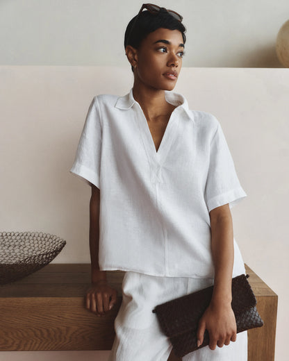 100% European Linen Short Sleeve Popover Top - XS / Blue Pinstripe