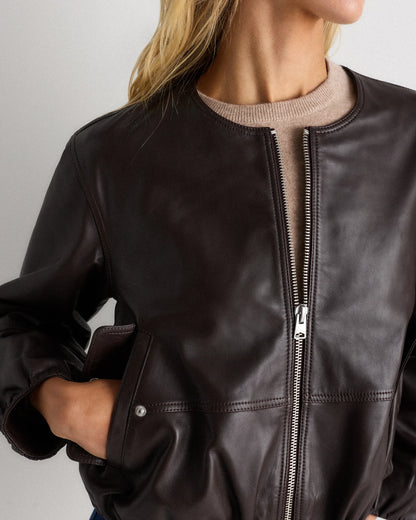 100% Leather Collarless Cropped Bubble Hem Jacket - XS / True Black