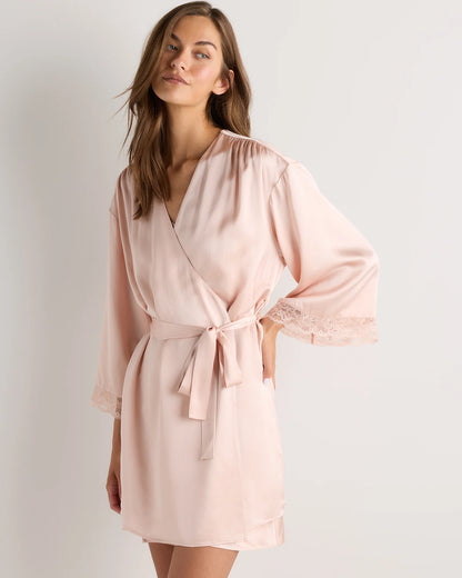 100% Washable Silk Satin Lace Trim Robe - XS / Black
