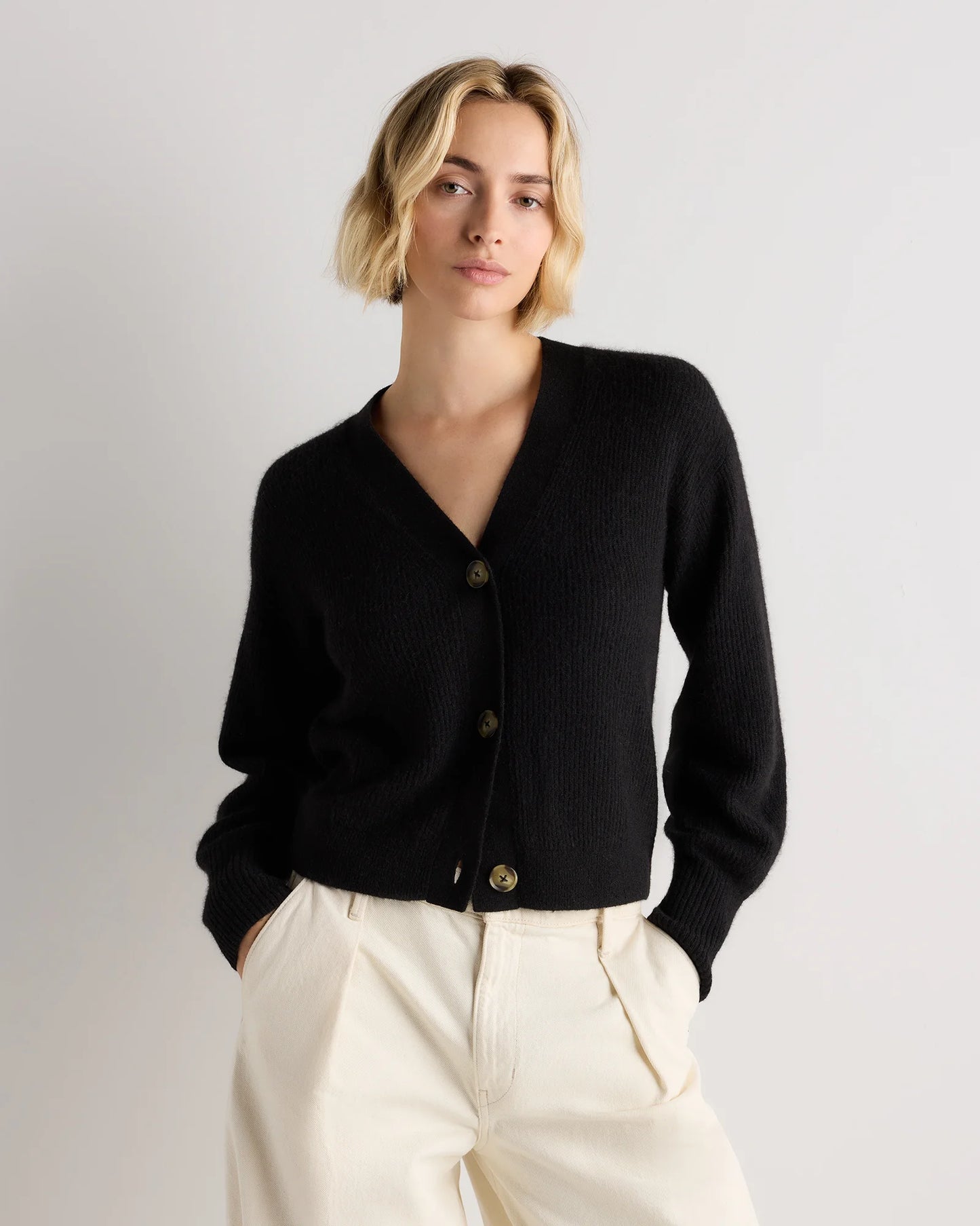 Lightweight Baby Alpaca Cropped V-Neck Cardigan - XS / Smoked Charcoal
