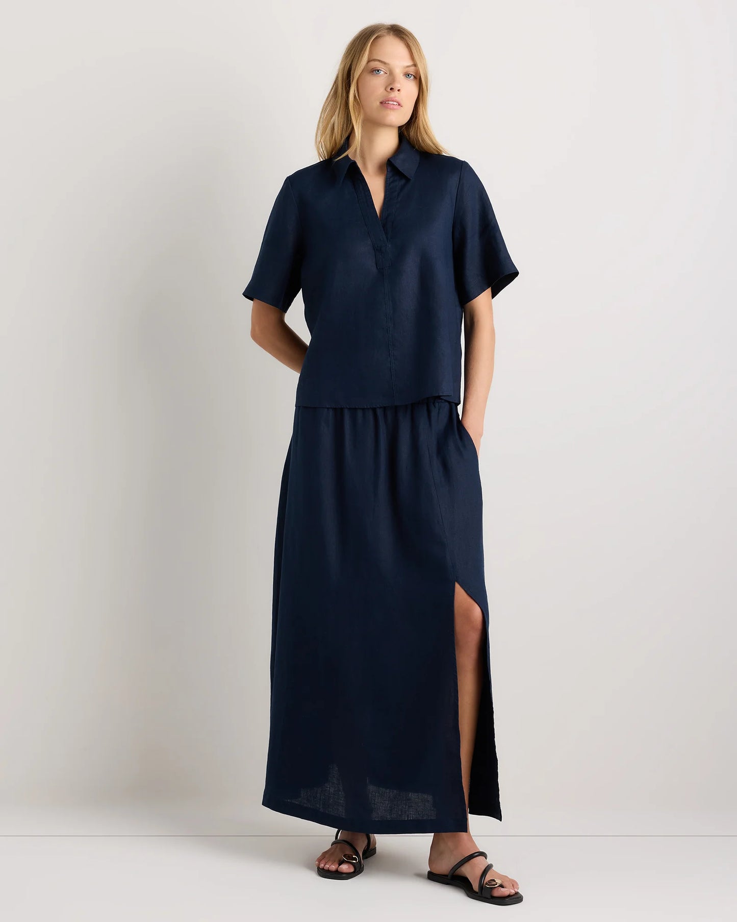 100% European Linen Short Sleeve Popover Top - XS / Blue Pinstripe