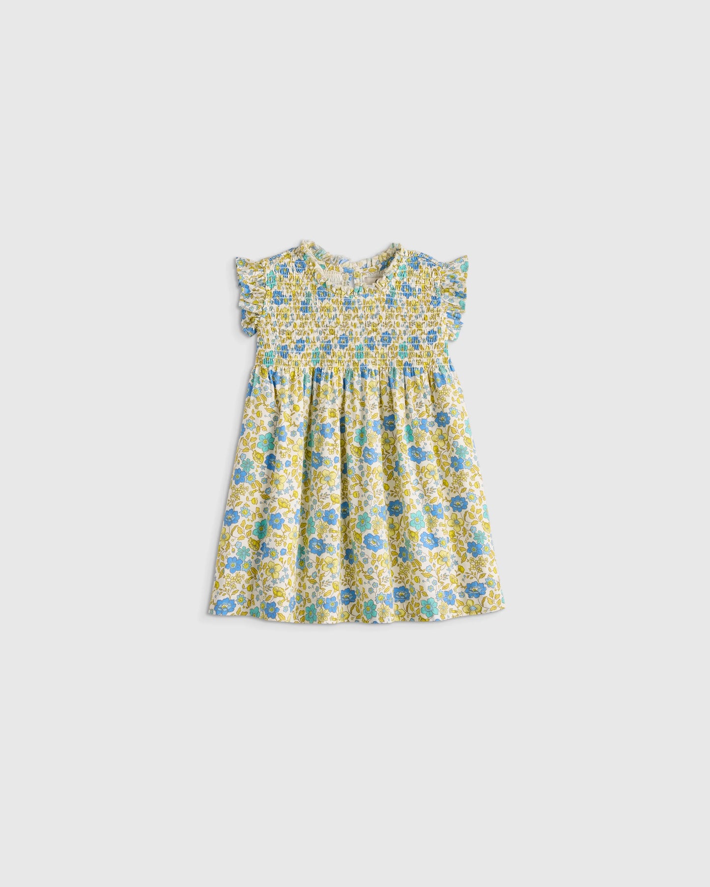 100% Organic Cotton Poplin Smocked Flutter Sleeve Dress - 3-6M / Blue Ditsy Floral
