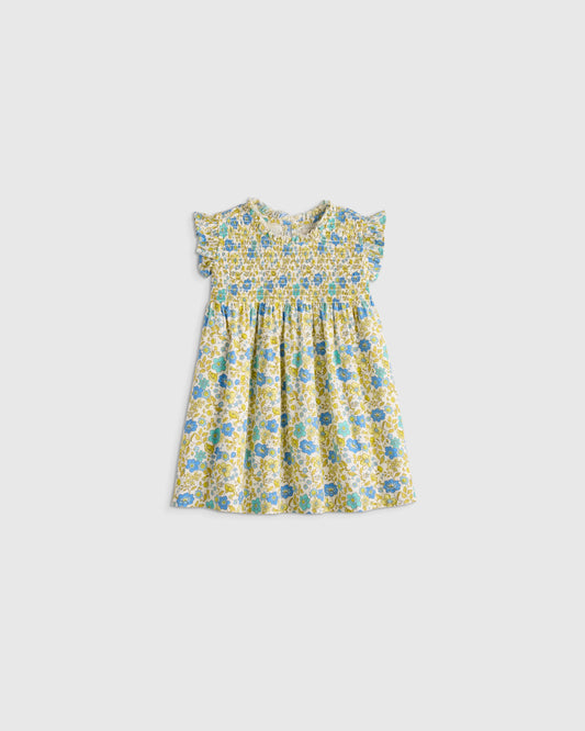 100% Organic Cotton Poplin Smocked Flutter Sleeve Dress - 3-6M / Blue Ditsy Floral