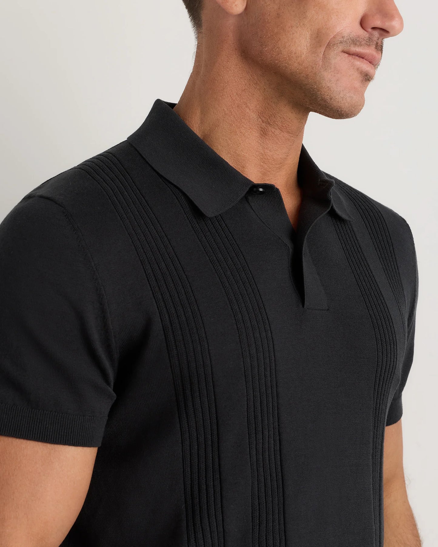 Cotton-Silk Ribbed Short Sleeve Sweater Polo - S / Speckled Beige