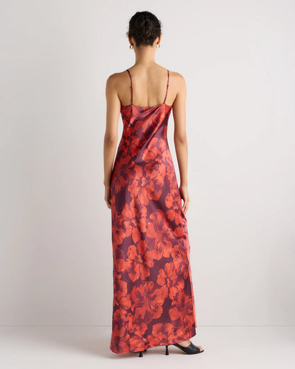 100% Washable Silk Maxi Slip Dress - XS / Cordovan Red Hibiscus