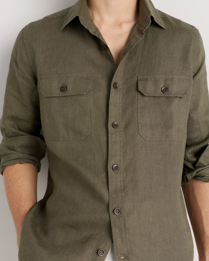 100% European Linen Utility Shirt - S / Taupe Brown Chambray