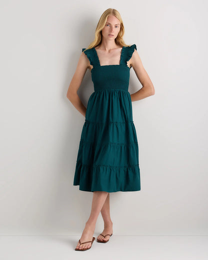 100% Organic Cotton Poplin Smocked Midi Dress - XS / Riviera Blue Heirloom Floral