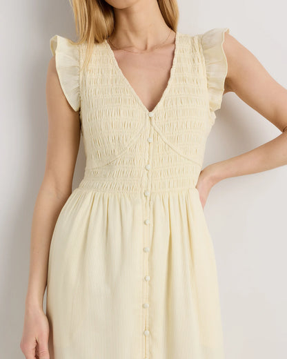Organic Textured Cotton Smocked V-Neck Midi Dress - XS / Pale Custard Yellow