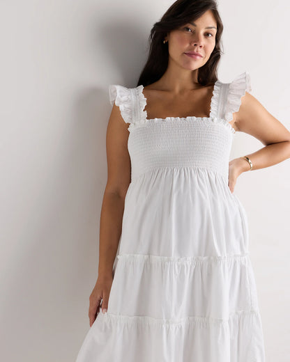 100% Organic Cotton Poplin Maternity Smocked Midi Dress - XS / Classic White