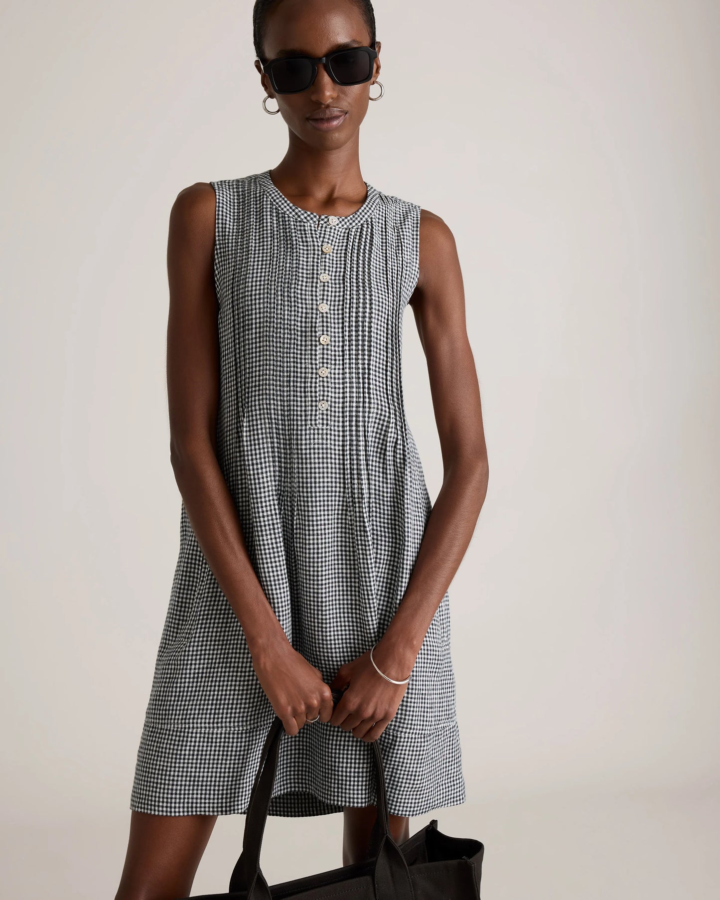 100% European Linen Sleeveless Swing Dress - XS / Classic Mini Gingham