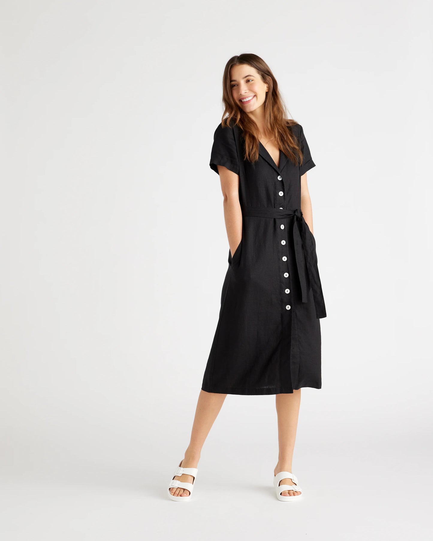 100% European Linen Button Front Dress - XS / Sky Blue Mariner Stripe