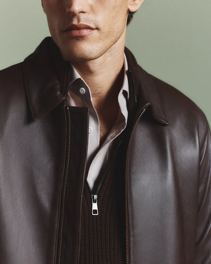 100% Leather Harrington Jacket - S / Dark Cognac Brown