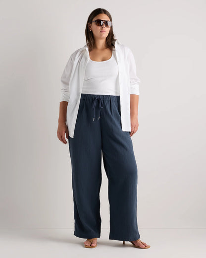 100% Organic Cotton Gauze Straight Leg Pants - 1X / Indigo Blue