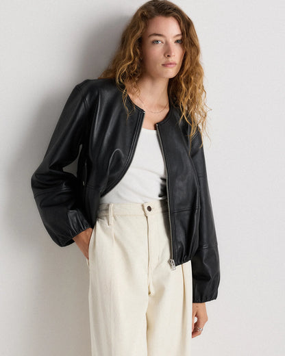 100% Leather Collarless Cropped Bubble Hem Jacket - XS / True Black