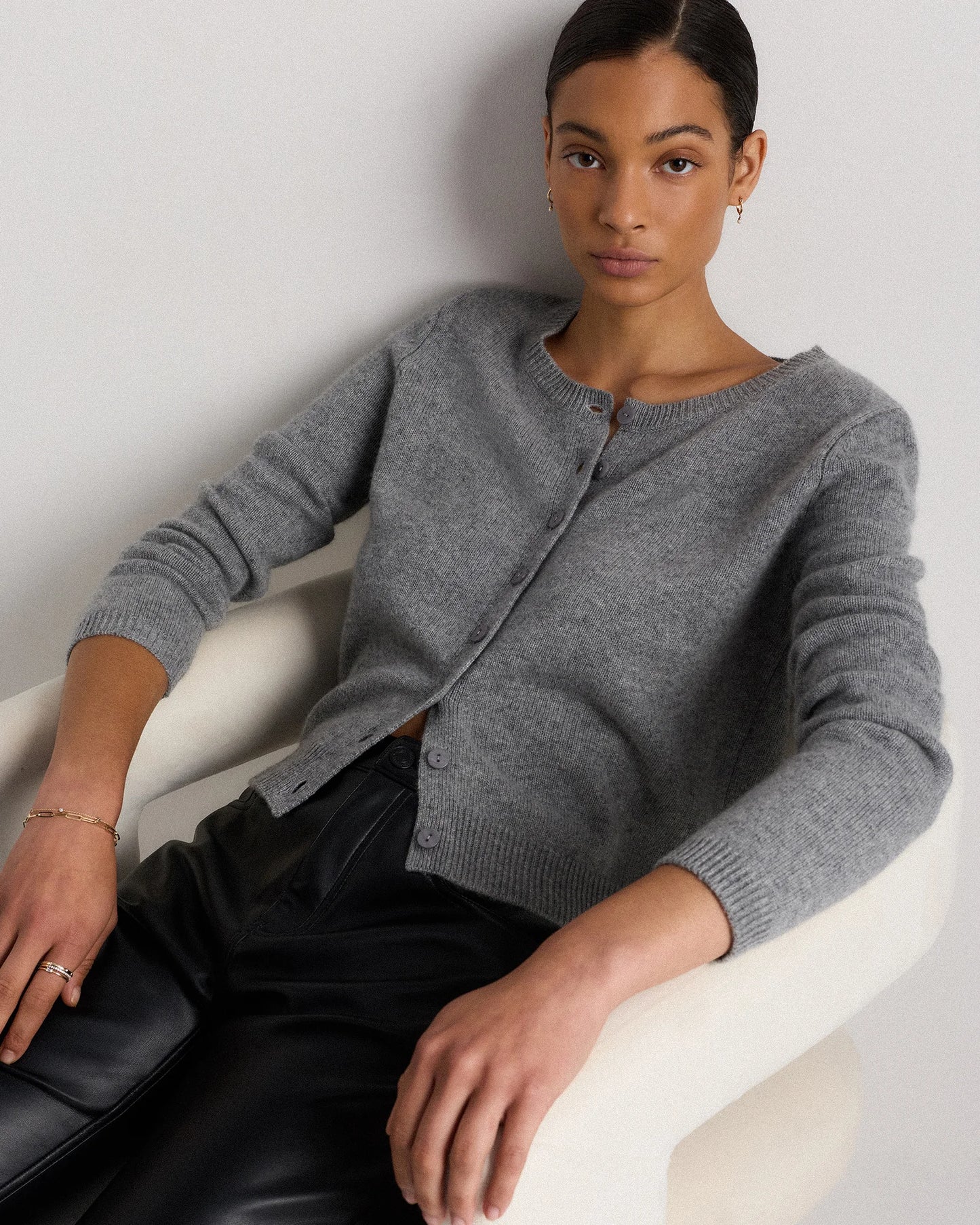 Mongolian Cashmere Cropped Crew Cardigan - XS / Heather Vintage Pink / Brown Variegated Stripe