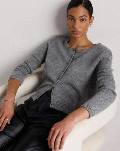 Mongolian Cashmere Cropped Crew Cardigan - XS / Heather Vintage Pink / Brown Variegated Stripe