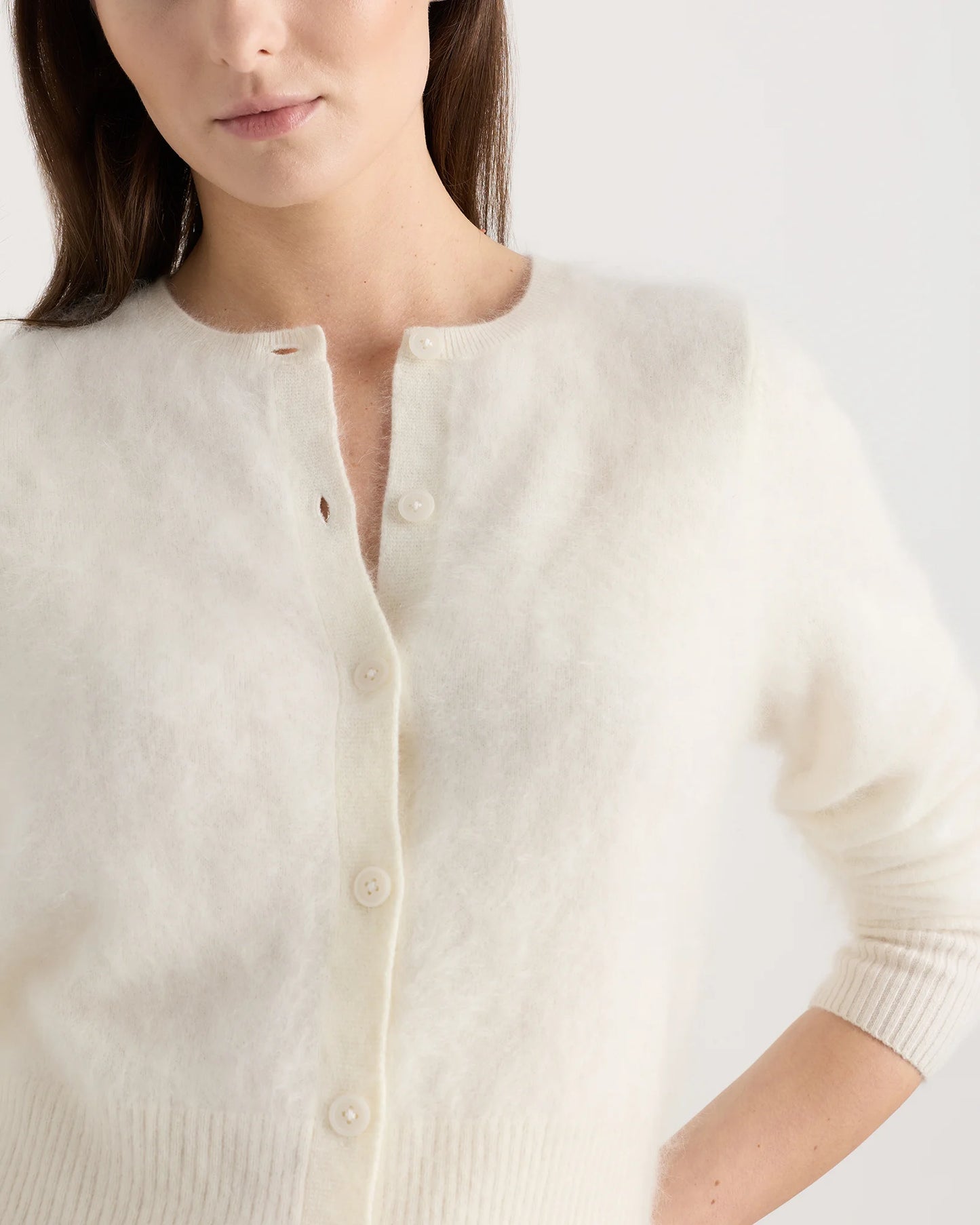 Brushed Cashmere Cropped Crewneck Cardigan - XS / Heather Grey