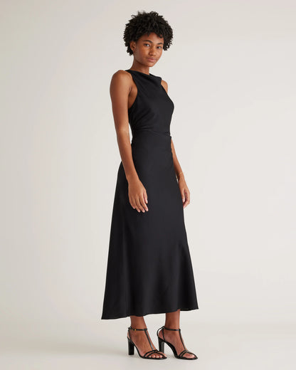 Washable Stretch Silk High Neck Midi Dress - XS / Vintage Navy Roses