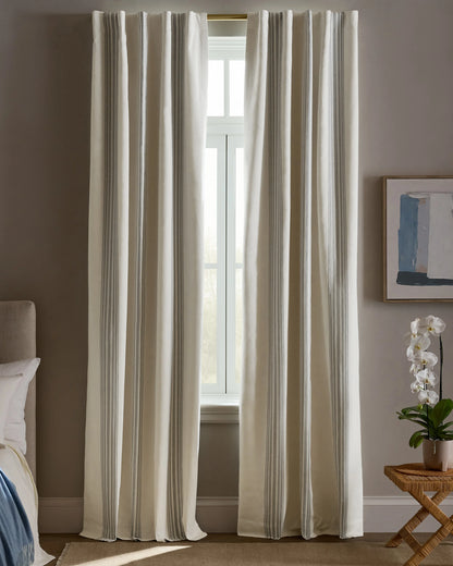 Coastal Stripe Linen Cotton True Blackout Curtain - Single Panel - 48x84 / Ivory/Fog