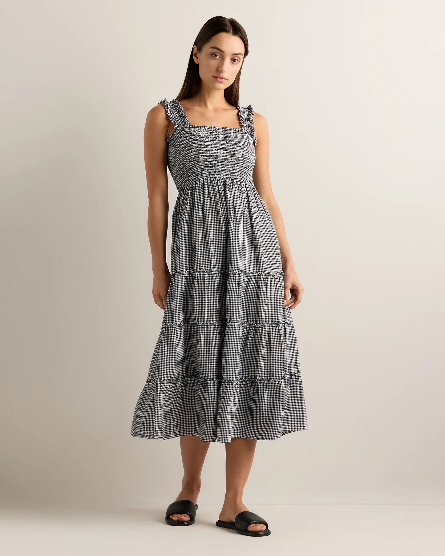 100% European Linen Smocked Midi Dress - XS / Ivory Porcelain Blue Petite Floral
