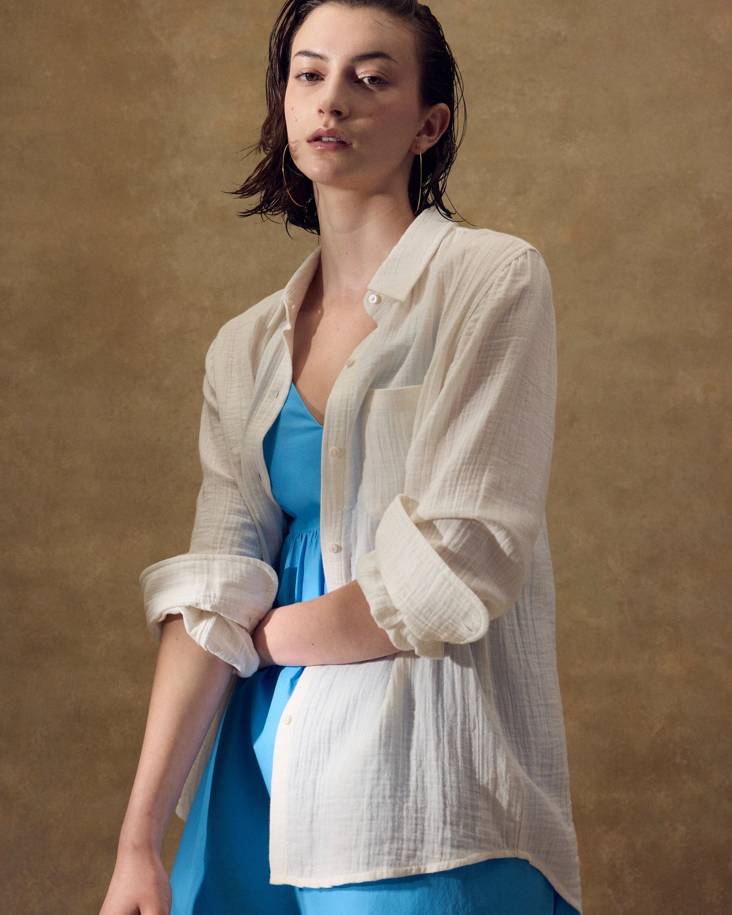 100% Organic Cotton Gauze Long Sleeve Shirt - XS / Khaki Gingham