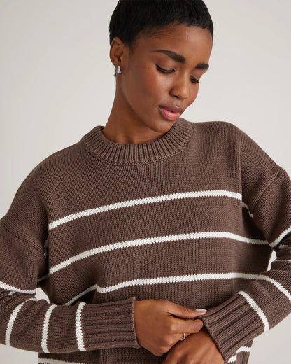 100% Organic Cotton Striped Crew Sweater - XS / Heather Brown/Ivory