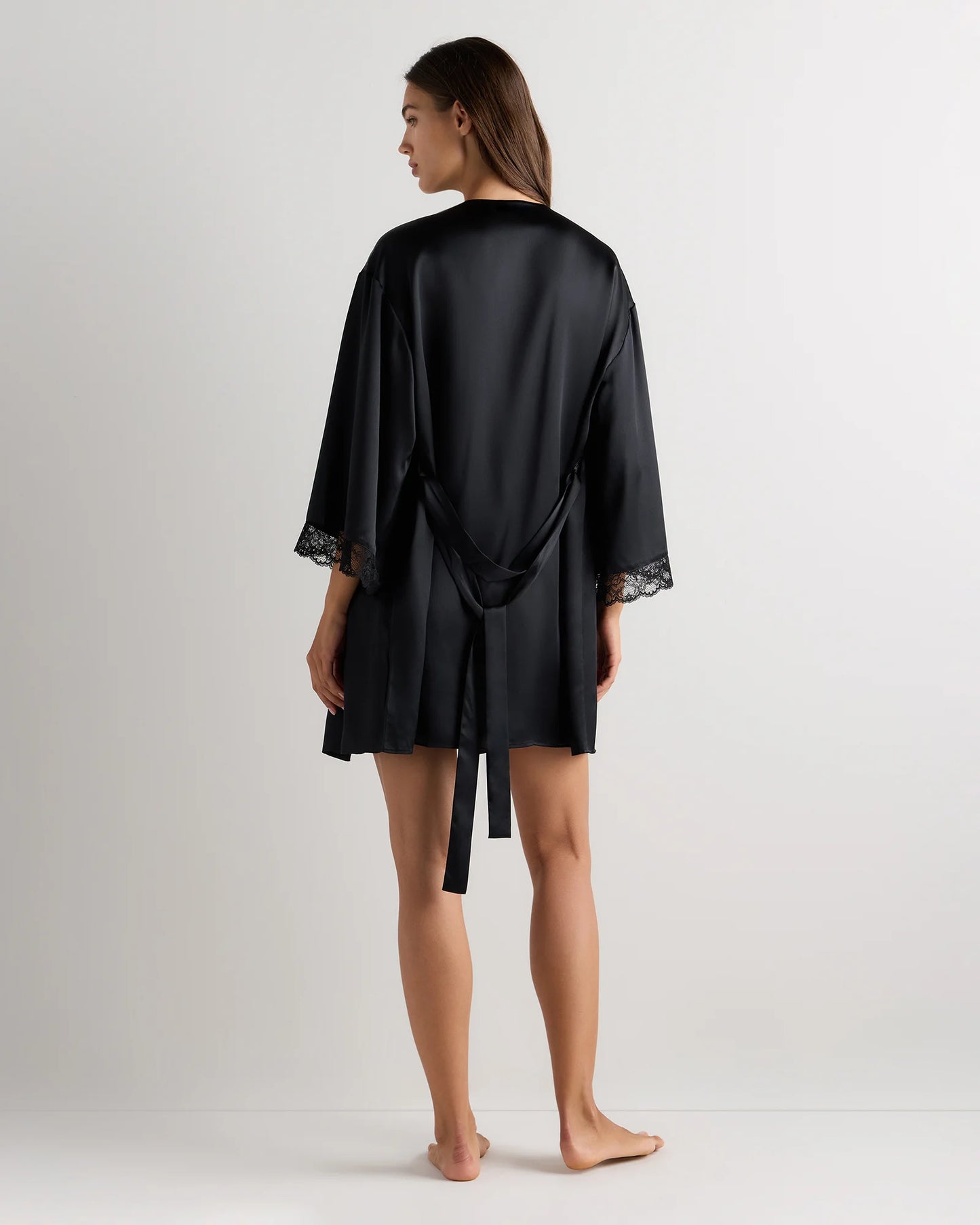 100% Washable Silk Satin Lace Trim Robe - XS / Black