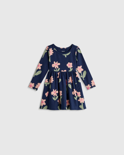 Organic Cotton Long Sleeve Fit and Flare Pocket Dress - 12-18M / Purple Poppy Garden
