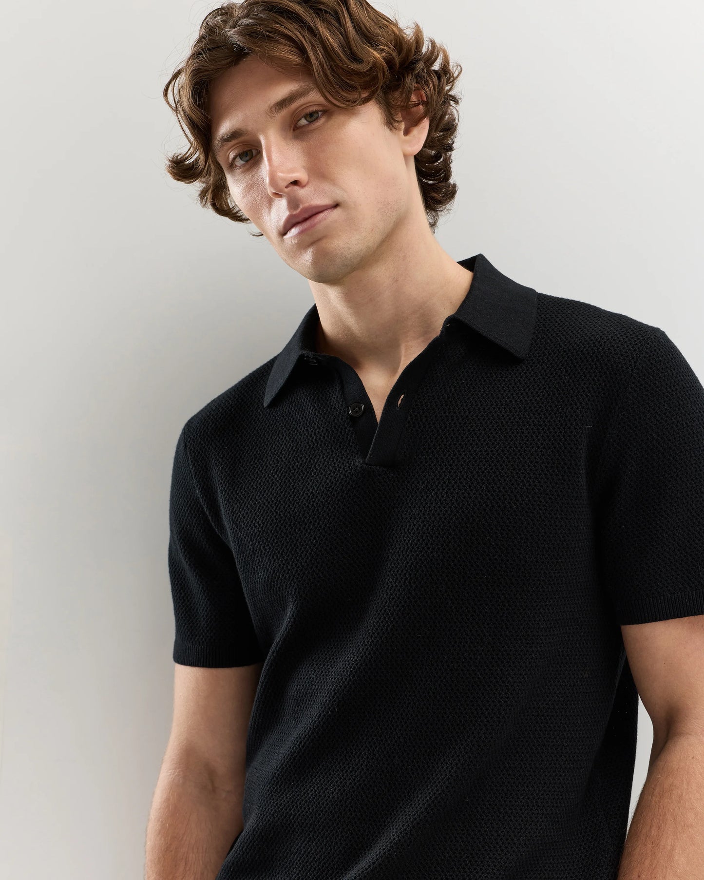 100% Organic Cotton Mesh-Stitch Sweater Polo - XS / Charcoal