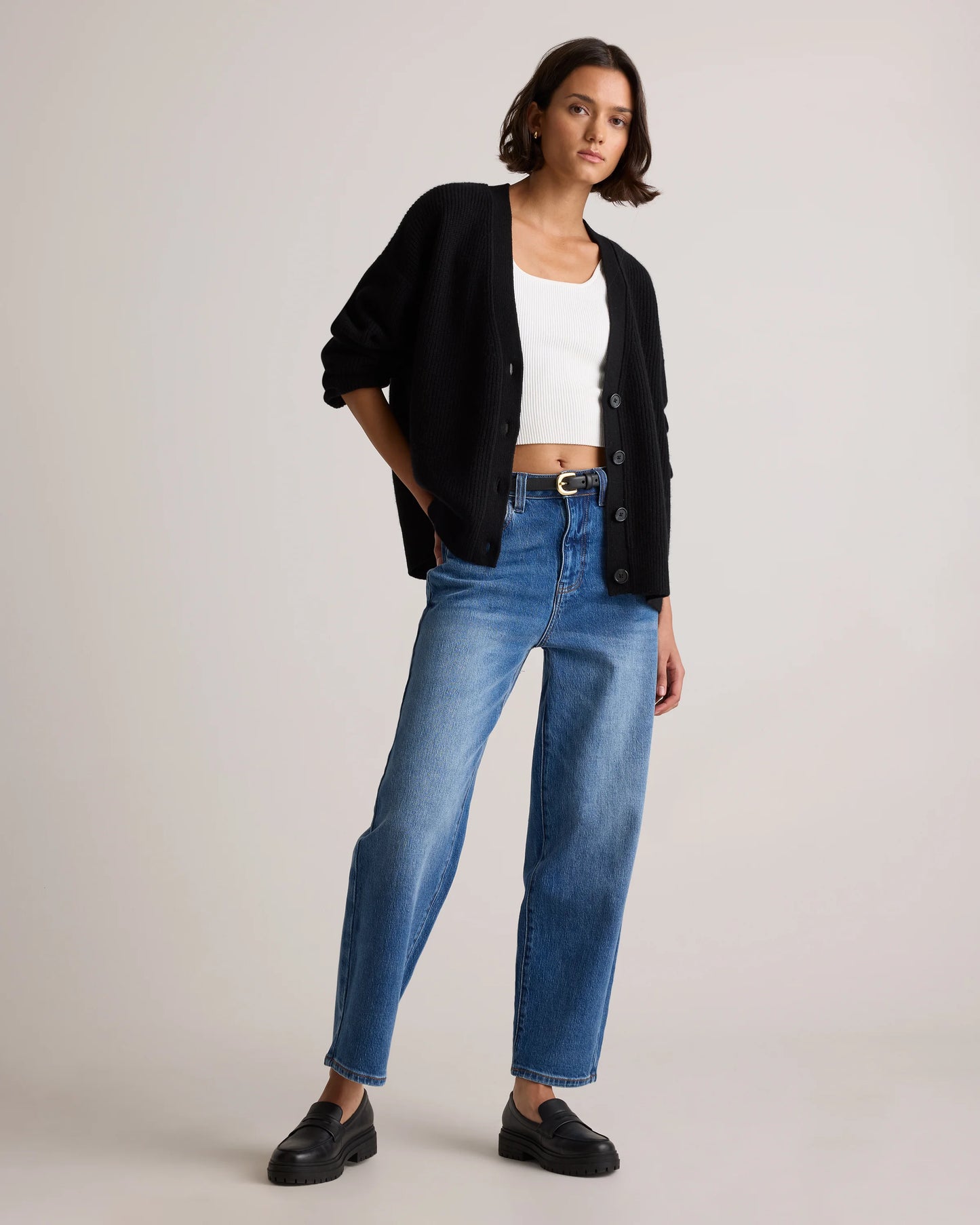 Mongolian Cashmere Fisherman Boxy Cropped Cardigan Sweater - XS / Faded Denim