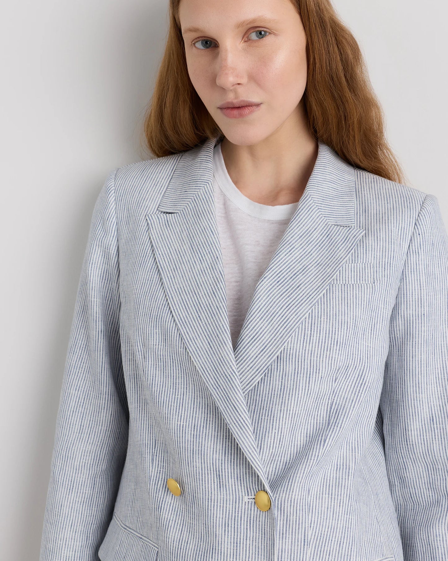 100% European Linen Relaxed Double-Breasted Blazer - XS / Blue Pinstripe