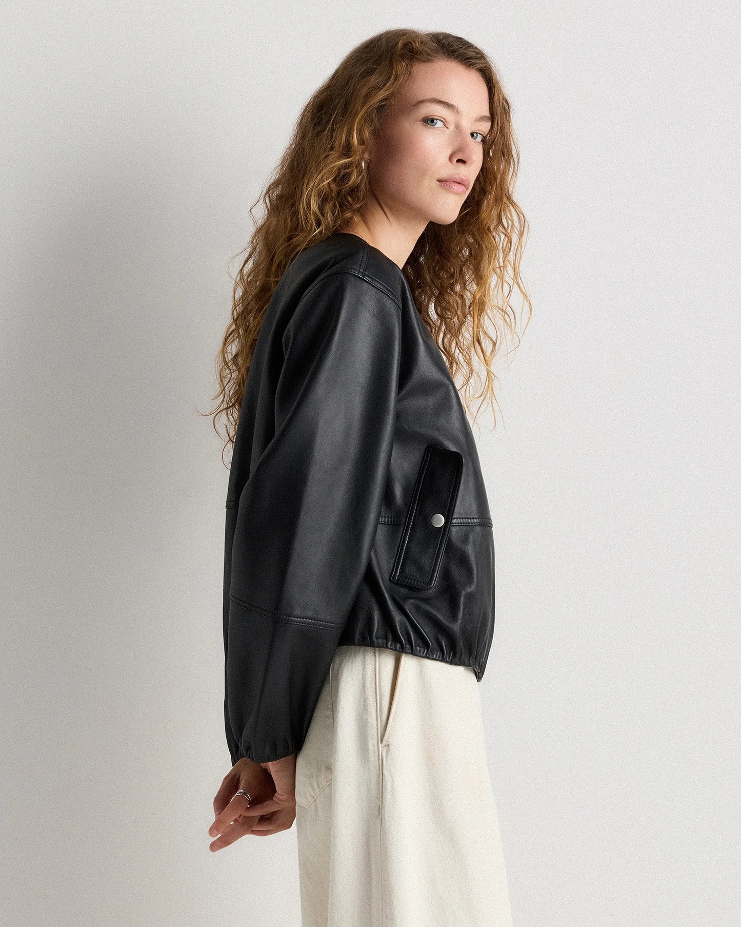 100% Leather Collarless Cropped Bubble Hem Jacket - XS / True Black