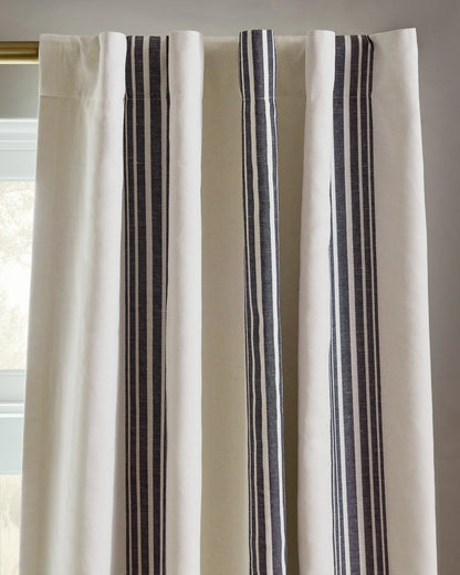 Coastal Stripe Linen Cotton True Blackout Curtain - Single Panel - 48x84 / Ivory/Fog