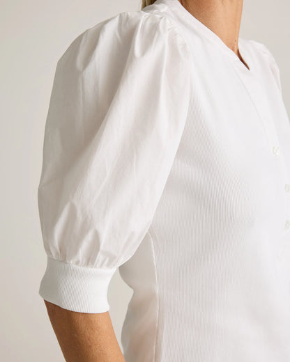 Cotton Mixed Media Puff Sleeve Top - XS / Classic White