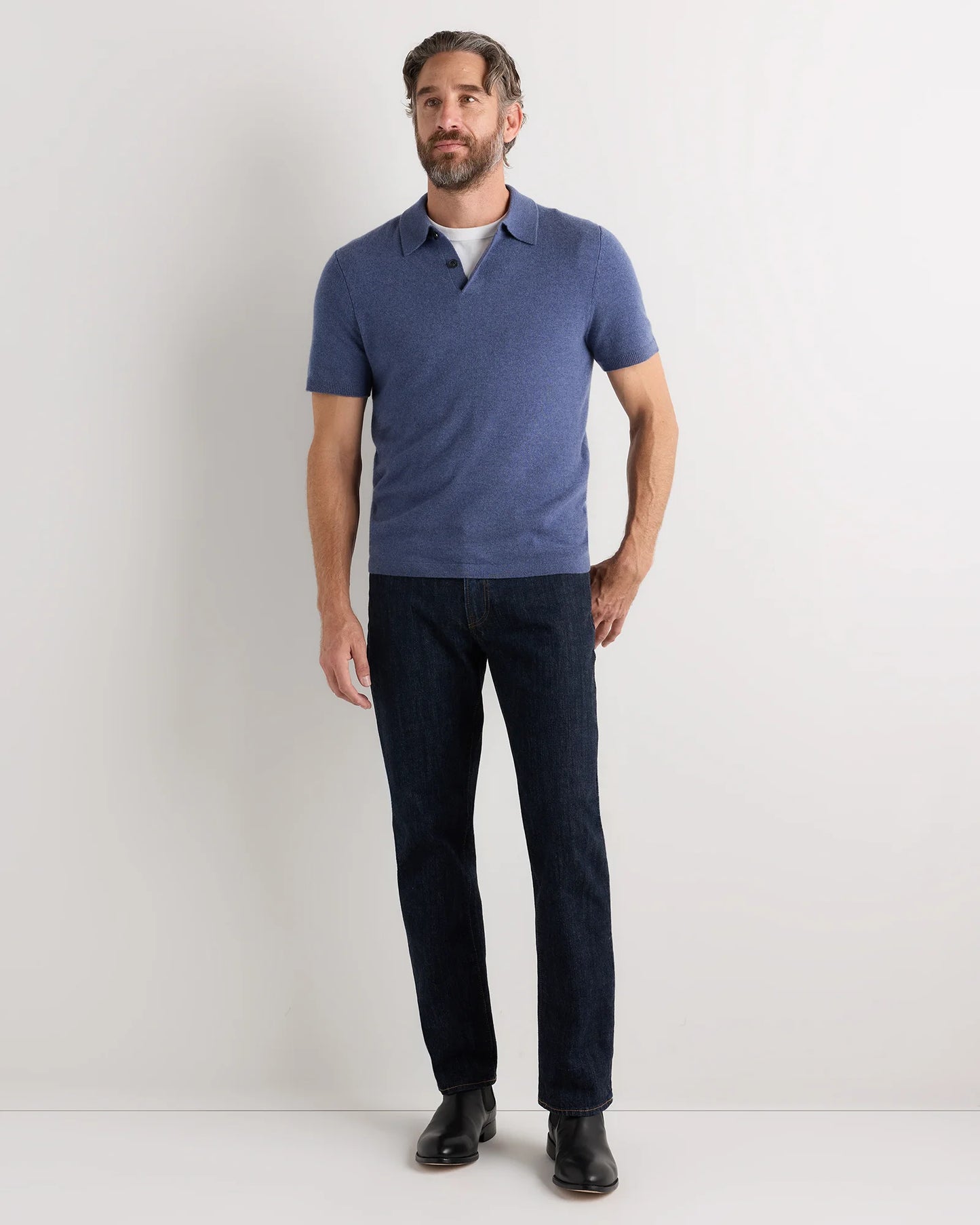 100% Mongolian Cashmere Short Sleeve Polo Sweater - S / Heather Storm Blue