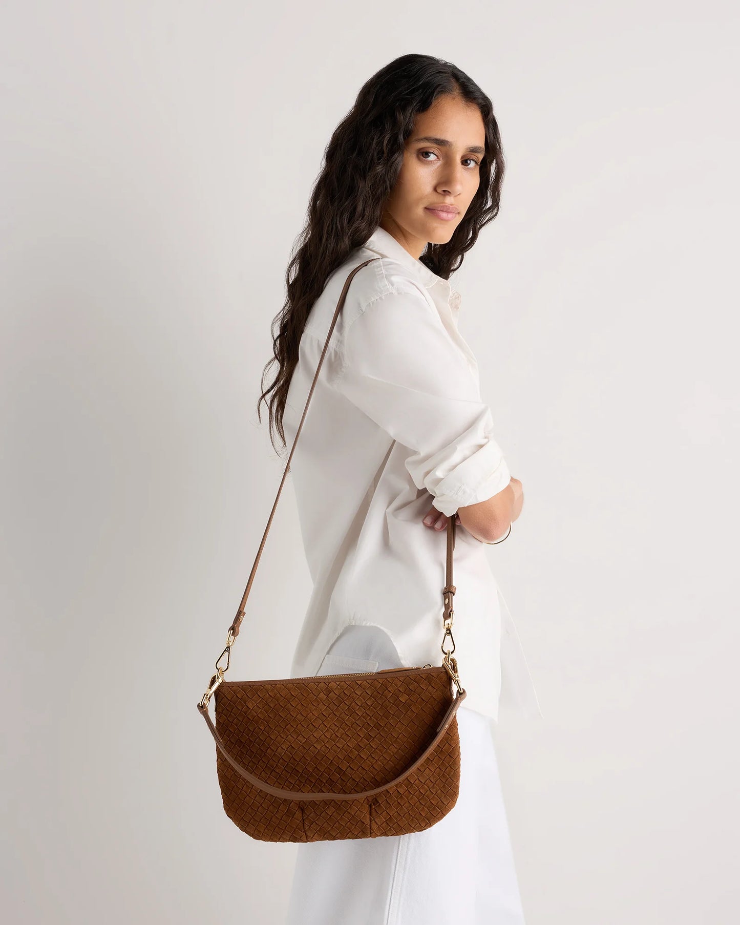 Sloane Suede Handwoven Mini Shoulder Bag - One Size / Pebble