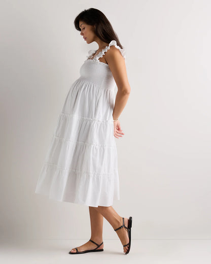 100% Organic Cotton Poplin Maternity Smocked Midi Dress - XS / Classic White