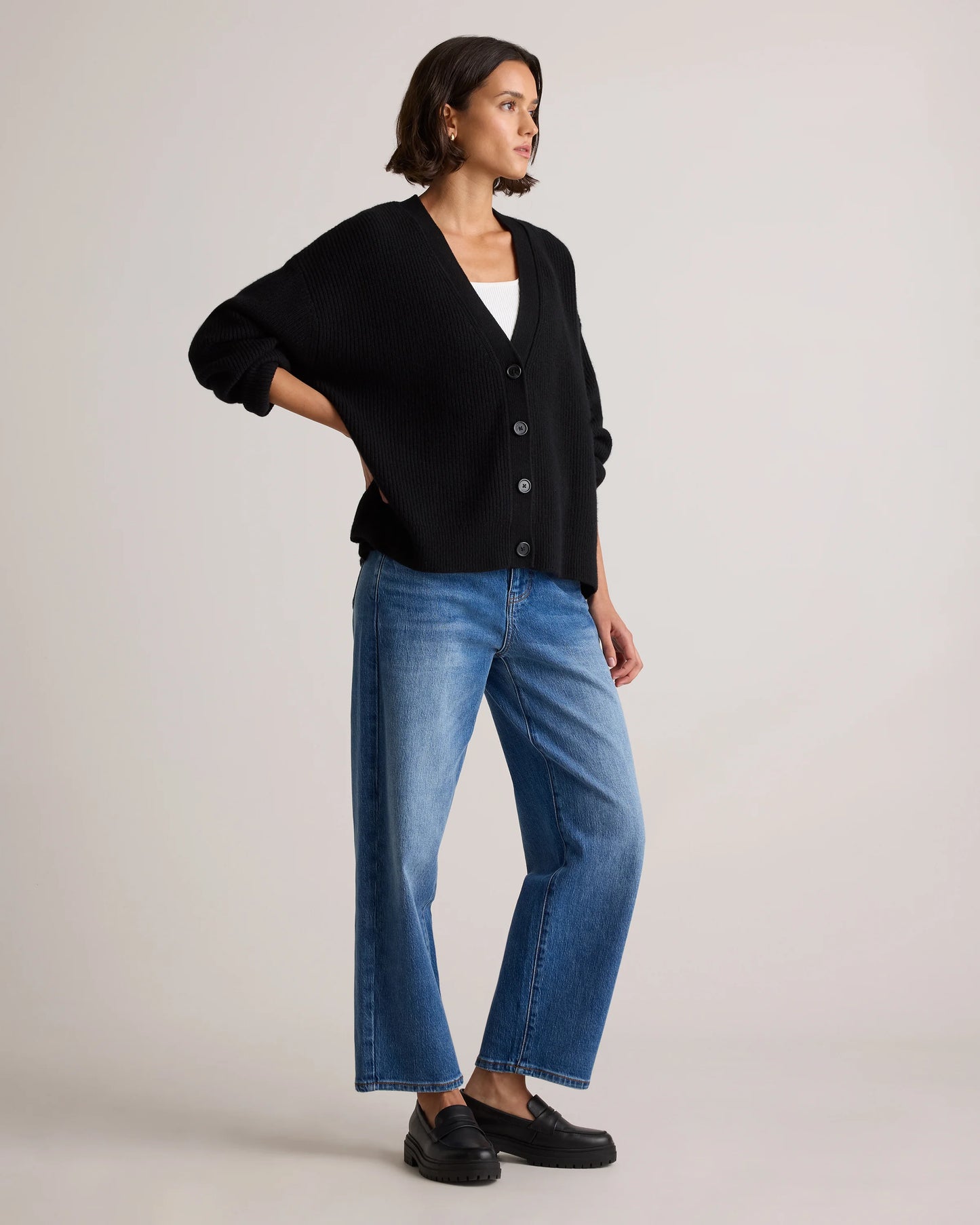 Mongolian Cashmere Fisherman Boxy Cropped Cardigan Sweater - XS / Faded Denim