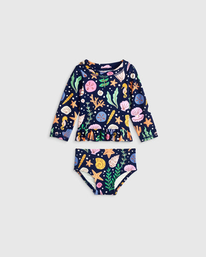 Long Sleeve Ruffle Rash Guard Two-Piece Swimsuit - 6-9M / Poolside Floral